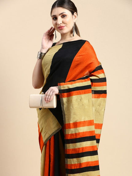 DESH BIDESH Elegant Ghicha Cotton Striped Saree with Unstitched Blouse Piece