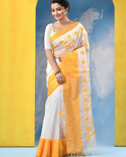 DESH BIDESH Floral Embroidered Pure Cotton Khadi Saree