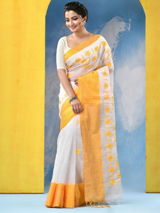 DESH BIDESH Floral Embroidered Pure Cotton Khadi Saree