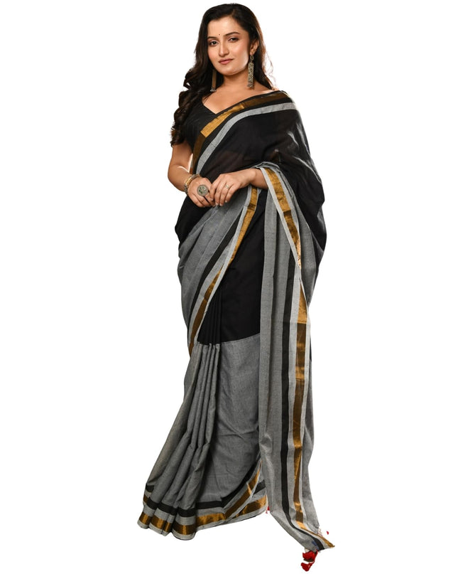 dB DESH BIDESH Women`s Mul Cotton Sarees Soft Zari Fancy Roshni Latest, Design Party, Wear Cotton Silk Saree For Woman With Blouse Piece (Black Grey Golden)