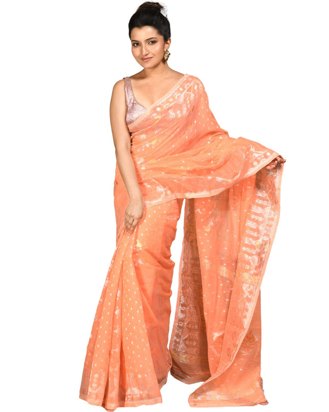 dB DESH BIDESH Women's Soft Cotton Silk Jamdani Sarees For Women for Party Festival Wedding Silk Saree GlamQueen Gold Work Design Without Blouse piece (Peach Orange)