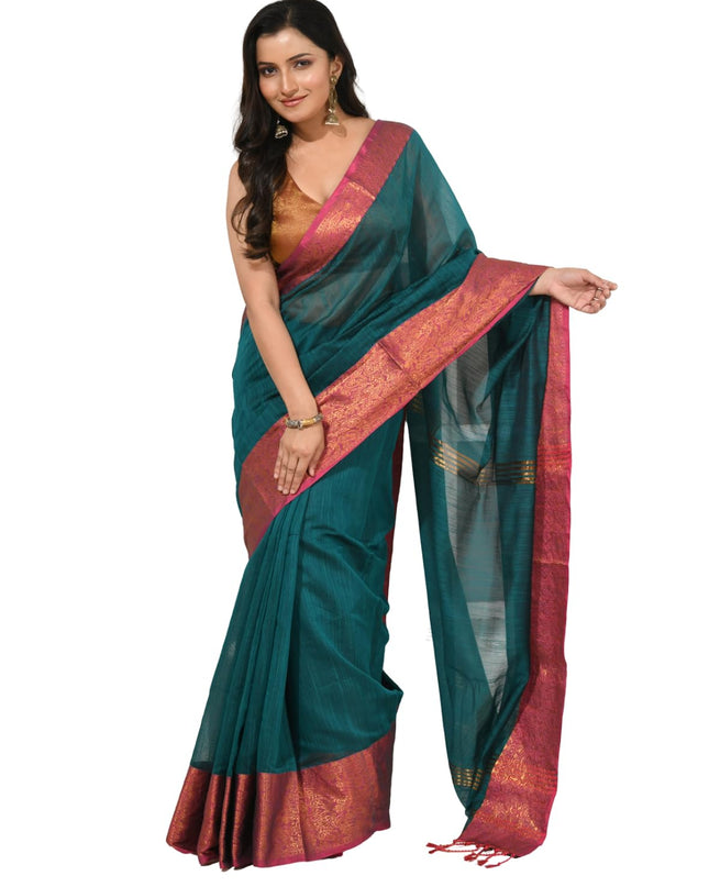 dB DESH BIDESH Women's Soft Cotton Linen Saree For Woman Kolkamoyee Trendy festival Silk Saree For Wedding Banarasi Style Pallu Sari With Blouse Piece (Bottle Green)