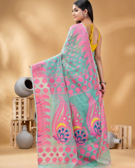 DESH BIDESH Turquoise Blue & Pink Woven Design Pure Cotton Handloom Jamdani Saree