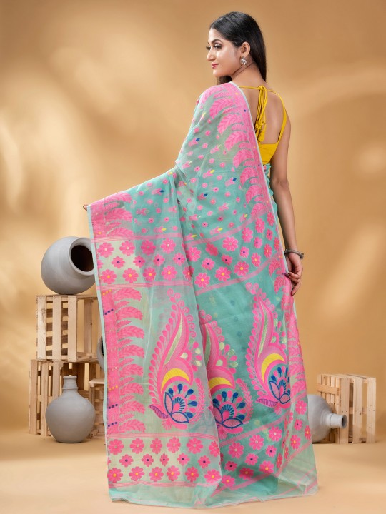 DESH BIDESH Turquoise Blue & Pink Woven Design Pure Cotton Handloom Jamdani Saree