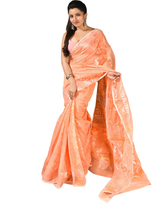 dB DESH BIDESH Women's Soft Cotton Silk Jamdani Sarees For Women for Party, Wear Linen Silk Saree Zarikatha Design Cotton saree for woman Without Blouse piece (Peach Orange)
