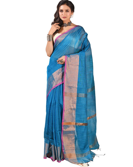 dB DESH BIDESH Women`s Cotton Silk ajrakh Saree with Gold Zari Border RoopZari Trendy Cotton Soft Silk Saree | Saree for Woman (Peacock Blue)
