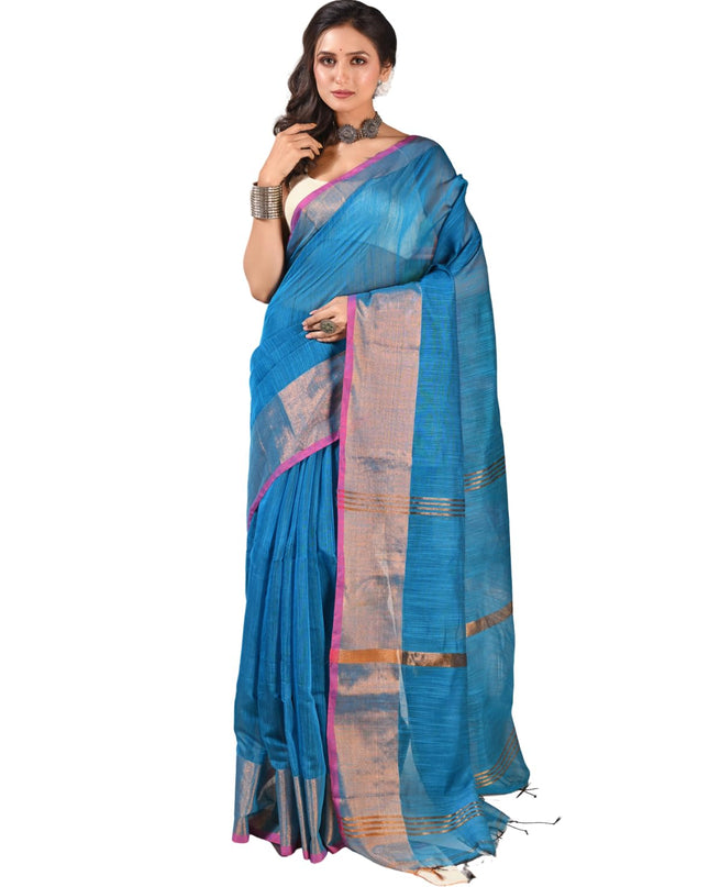 dB DESH BIDESH Women`s Cotton Silk ajrakh Saree with Gold Zari Border RoopZari Trendy Cotton Soft Silk Saree | Saree for Woman (Peacock Blue)