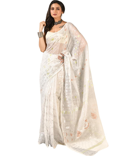 dB DESH BIDESH Women's Soft Cotton Silk Jamdani Sarees For Women for Party Festival Wedding Silk Saree GlamQueen Gold Work Design Without Blouse piece (White Saree)
