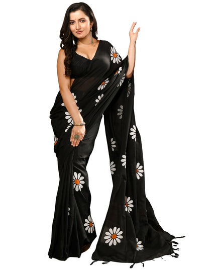 dB DESH BIDESH Women`s Mul Cotton Sarees Soft Fancy Phoolpari Latest, Design Party, Wear Cotton New Linen Saree For Woman With Blouse Piece (Black)