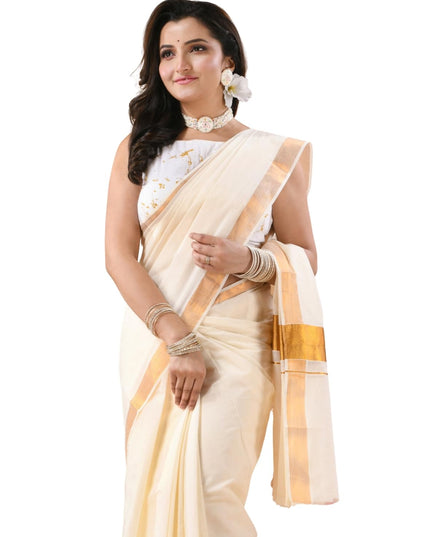 Tant Handloom Cotton White & Golden Saree