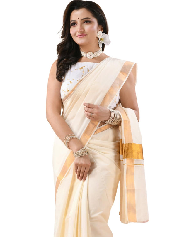 Tant Handloom Cotton White & Golden Saree