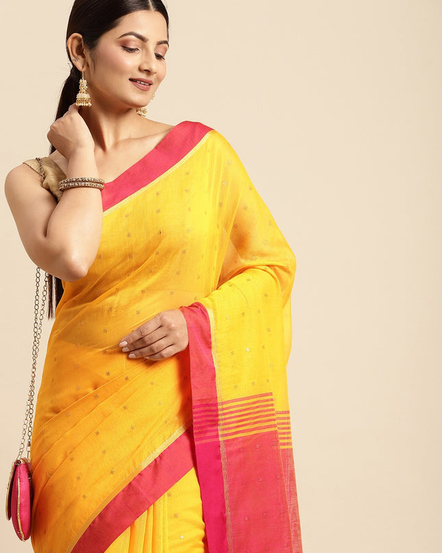 DESH BIDESH Yellow Solid Pure Cotton Taant Saree