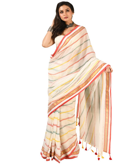 dB DESH BIDESH Women`s Cotton Linen Sarees for Woman Zari Trending New Cotton Swarnarekha Design Party, Wear White saree for woman Without Blouse Piece