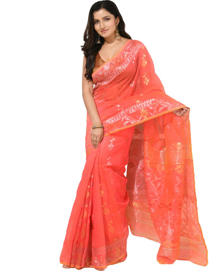 dB DESH BIDESH Women's Soft Cotton Silk Jamdani Sarees For Women for Party, Wear Linen Silk Saree Zarikatha Design Cotton saree for woman Without Blouse piece (Dark Orange)