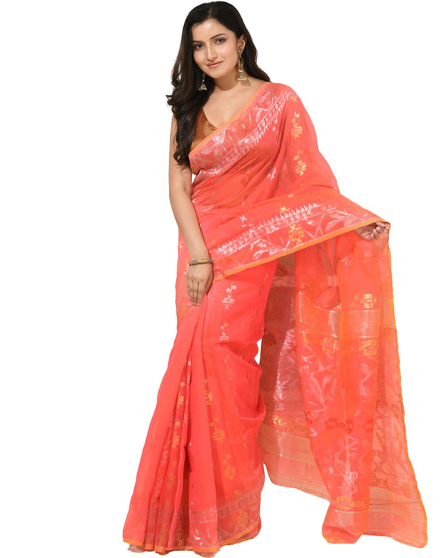dB DESH BIDESH Women's Soft Cotton Silk Jamdani Sarees For Women for Party, Wear Linen Silk Saree Zarikatha Design Cotton saree for woman Without Blouse piece (Dark Orange)