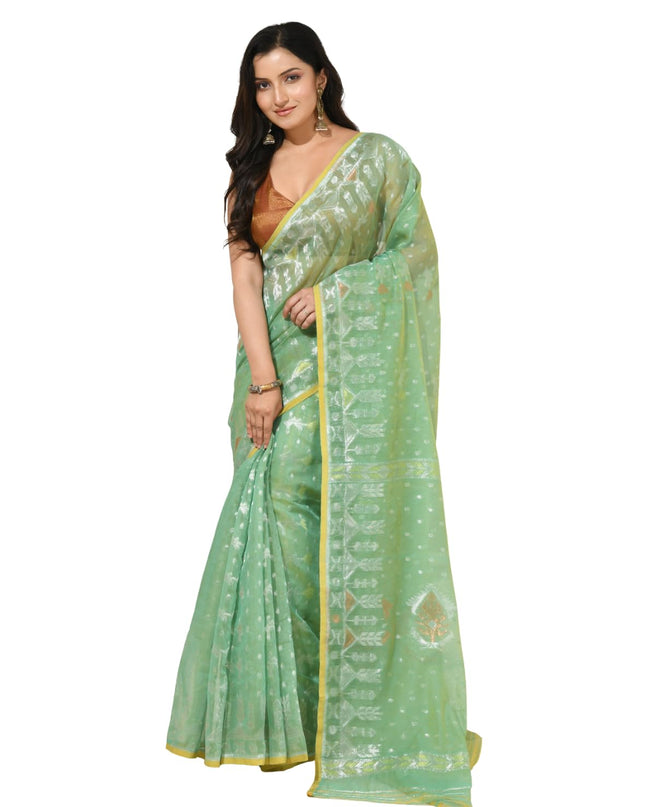 dB DESH BIDESH Women's Soft Cotton Silk Jamdani Sarees For Women for Party Festival Wedding Silk Saree GlamQueen Gold Work Design Without Blouse piece (Mint Green)