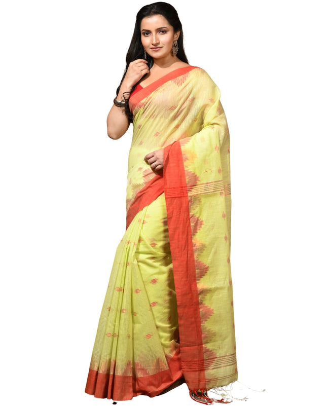 dB DESH BIDESH Women`s Cotton Silk Saree For Woman Pahar Pallav Design New Soft Kalyani Cotton Saree with Zari Border Tassels & Blouse Piece (Yellow Red)