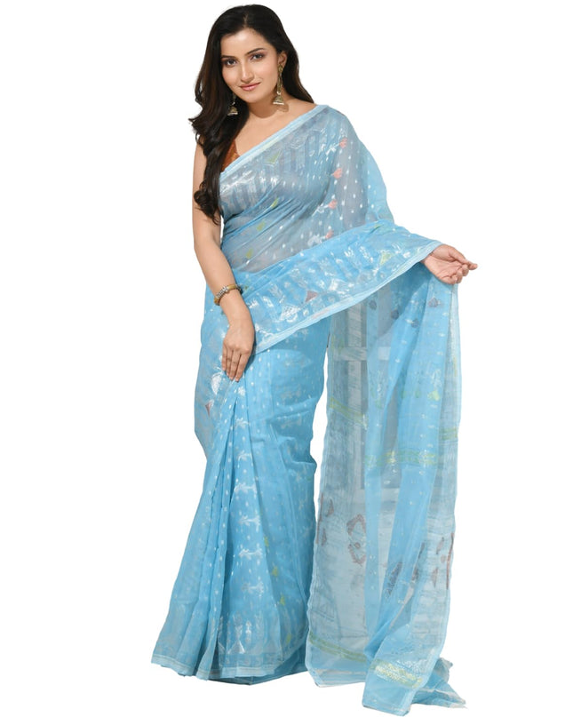 dB DESH BIDESH Women's Soft Cotton Silk Jamdani Sarees For Women for Party Festival Wedding Silk Saree GlamQueen Gold Work Design Without Blouse piece (Blue)