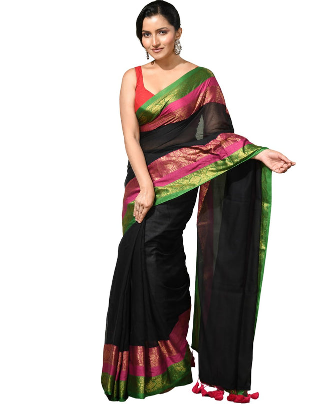 dB DESH BIDESH Women's Kanjivaram Soft Cotton Linen Silk Saree Rajrani Design Latest, Fancy South India Style Saree With Blouse Piece (Black Saree)