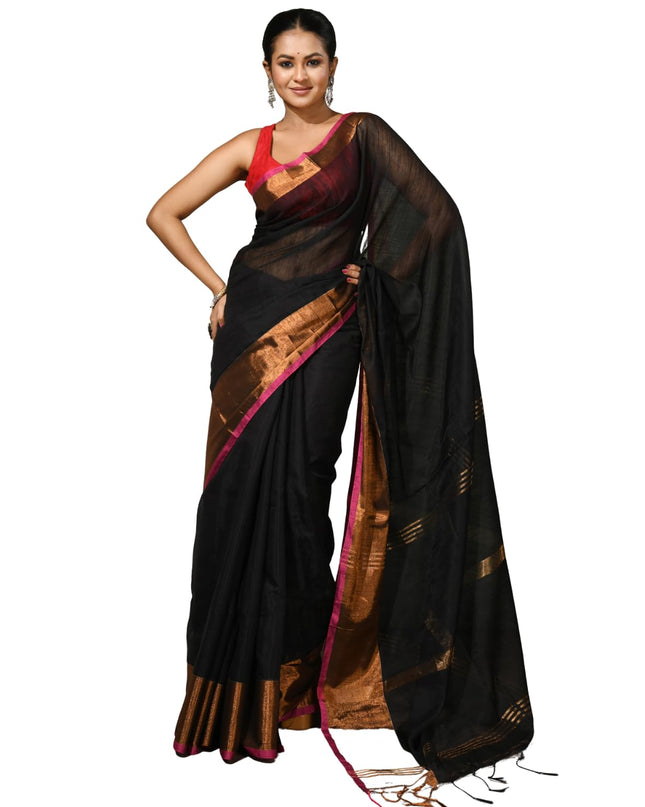 dB DESH BIDESH Women`s Cotton Silk ajrakh Saree with Gold Zari Border RoopZari Trendy Cotton Soft Silk Saree | Saree for Woman (Black Saree)