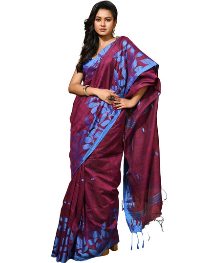 dB DESH BIDESH Women`s Cotton Linen Saree with Unstitched Blouse Piece and Floral Printed Pattern | Women Saree for Special Occasion | Stylish Fancy Cotton Silk Sarees (Wine Red)