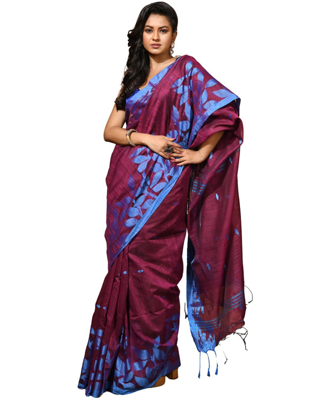 dB DESH BIDESH Women`s Cotton Linen Saree with Unstitched Blouse Piece and Floral Printed Pattern | Women Saree for Special Occasion | Stylish Fancy Cotton Silk Sarees (Wine Red)