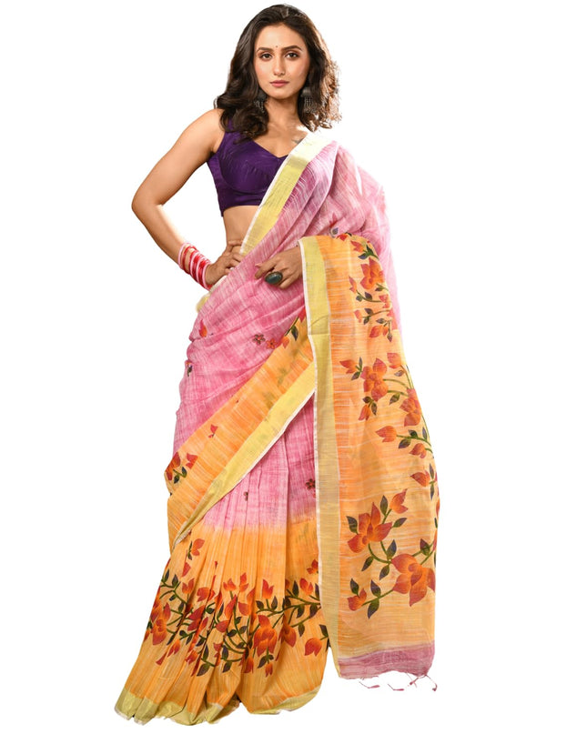 dB DESH BIDESH Women`s Cotton Saree For Woman Latest, Phoolbagan Printed Trendy Soft Cotton Silk Women Sarees with Blouse Piece (Pink Yellow)