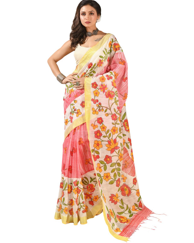dB DESH BIDESH Women`s Cotton Saree For Woman Latest, Phoolbagan Printed Trendy Soft Cotton Silk Women Sarees with Blouse Piece (Red White)