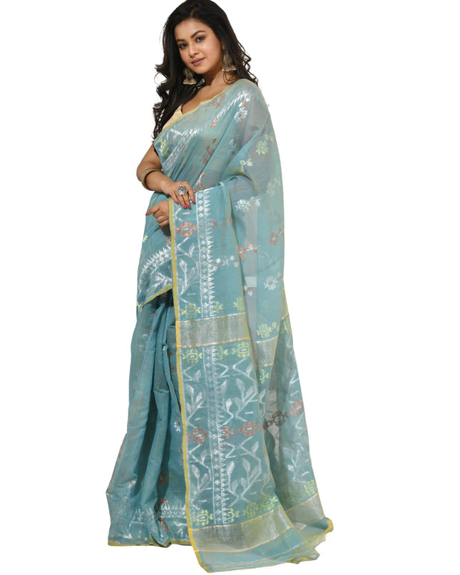 dB DESH BIDESH Women's Soft Cotton Silk Jamdani Sarees For Women for Party, Wear Linen Silk Saree Zarikatha Design Cotton saree for woman Without Blouse piece (Firoza)