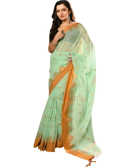 dB DESH BIDESH Women`s Cotton Silk Saree For Woman Pahar Pallav Design New Soft Kalyani Cotton Saree with Zari Border Tassels & Blouse Piece (Soft Green Golden)