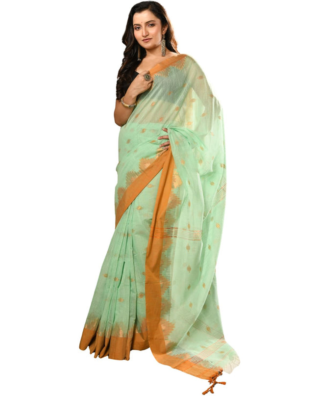 dB DESH BIDESH Women`s Cotton Silk Saree For Woman Pahar Pallav Design New Soft Kalyani Cotton Saree with Zari Border Tassels & Blouse Piece (Soft Green Golden)