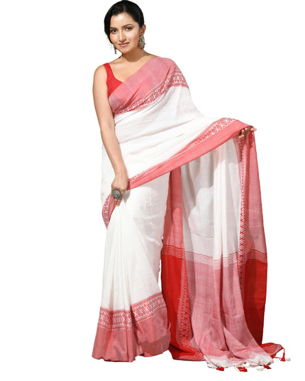 dB DESH BIDESH Women`s Soft Cotton Saree For Women Lal Pallavi Design Red White Bengal Festival Pure Handloom Cotton silk saree for woman With Blouse Piece