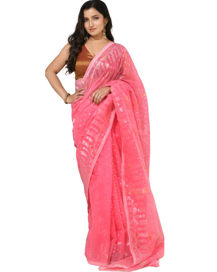 dB DESH BIDESH Women's Soft Cotton Silk Jamdani Sarees For Women for Party Festival Wedding Silk Saree GlamQueen Gold Work Design Without Blouse piece (Candy Pink)