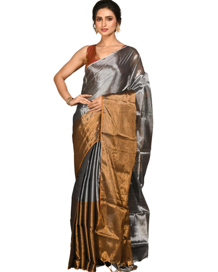 dB DESH BIDESH Women`s Silk Party, Wear Saree for woman latest, design Zarina Fancy Style Cotton linen sarees Copper Zari With Blouse Piece | Women Saree (Gold Saree)