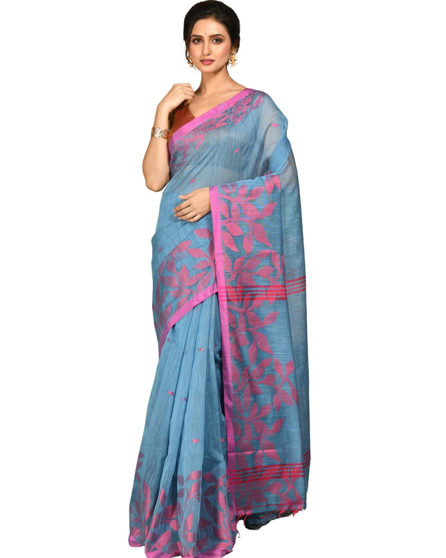 dB DESH BIDESH Women`s Cotton Linen Saree with Unstitched Blouse Piece and Floral Printed Pattern | Women Saree for Special Occasion | Stylish Fancy Cotton Silk Sarees (Sky Blue Saree)