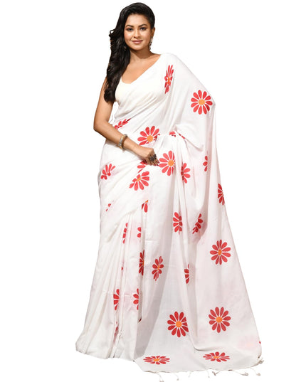 dB DESH BIDESH Women`s Mul Cotton Sarees Soft Fancy Phoolpari Latest, Design Party, Wear Cotton New Linen Saree For Woman With Blouse Piece (White)