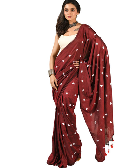 dB DESH BIDESH Women`s Cotton Sarees For Women Office Wear HeartBeat Embroidery Saree Design Soft Cotton Silk Saree With Blouse Piece (Wine)