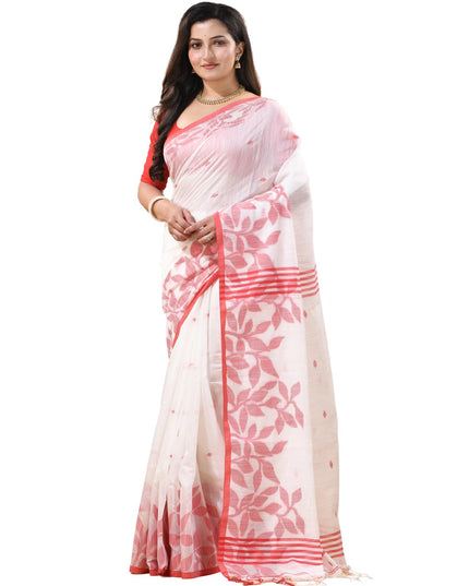 dB DESH BIDESH Women`s Cotton Linen Saree with Unstitched Blouse Piece and Floral Printed Pattern | Women Saree for Special Occasion | Stylish Fancy Cotton Silk Sarees (White Saree)