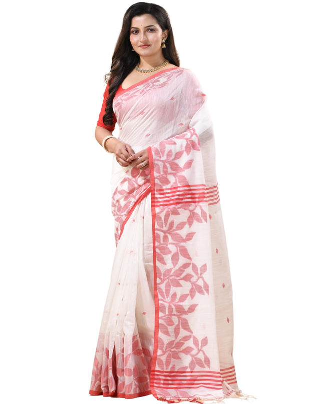 dB DESH BIDESH Women`s Cotton Linen Saree with Unstitched Blouse Piece and Floral Printed Pattern | Women Saree for Special Occasion | Stylish Fancy Cotton Silk Sarees (White Saree)