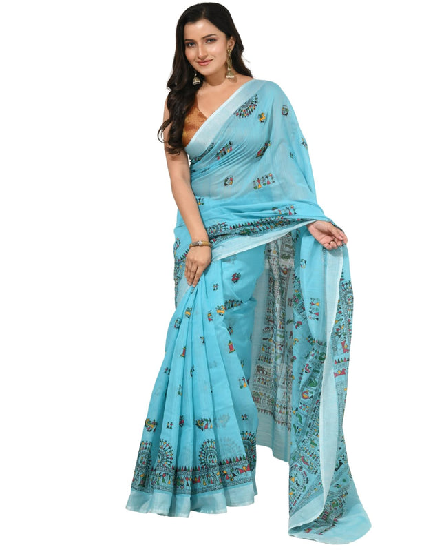 dB DESH BIDESH Women`s Cotton Saree for Woman | Saree for Woman Cotton Blend Tribal Mandala Printed Traditional Sari for Farewell Office Daily Wear with Blouse Piece (Sky Blue)