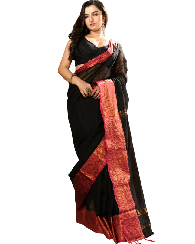 dB DESH BIDESH Women's Soft Cotton Linen Saree For Woman Kolkamoyee Trendy festival Silk Saree For Wedding Banarasi Style Pallu Sari With Blouse Piece (Black)