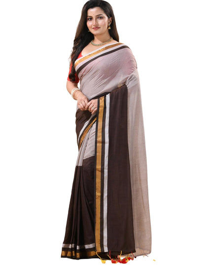 dB DESH BIDESH Women`s Mul Cotton Sarees Soft Zari Fancy Roshni Latest, Design Party, Wear Cotton Silk Saree For Woman With Blouse Piece (Grey Brown Golden)