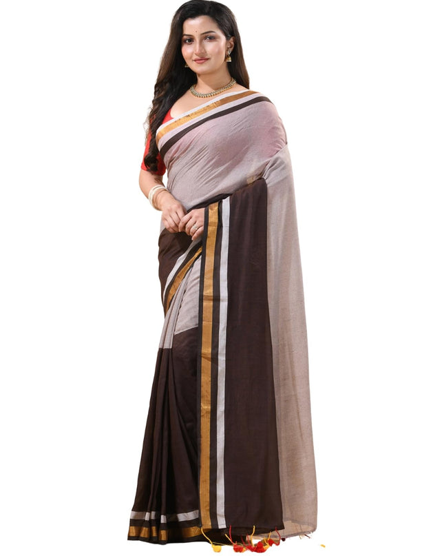 dB DESH BIDESH Women`s Mul Cotton Sarees Soft Zari Fancy Roshni Latest, Design Party, Wear Cotton Silk Saree For Woman With Blouse Piece (Grey Brown Golden)