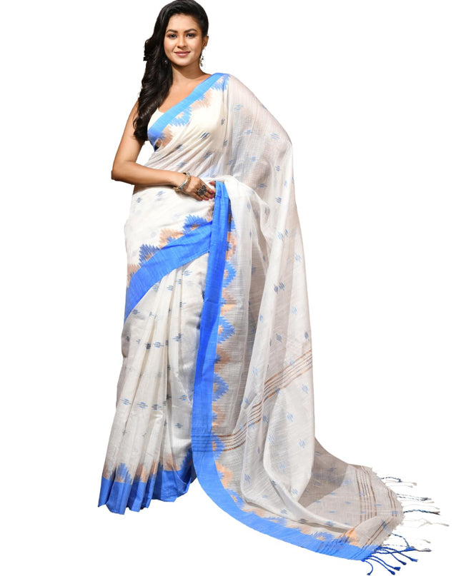 dB DESH BIDESH Women`s Cotton Silk Saree For Woman Pahar Pallav Design New Soft Kalyani Cotton Saree with Zari Border Tassels & Blouse Piece (White Blue)