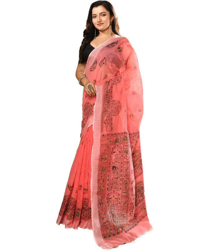 dB DESH BIDESH Women`s Cotton Saree for Woman | Saree for Woman Cotton Blend Tribal Mandala Printed Traditional Sari for Farewell Office Daily Wear with Blouse Piece (Pink)