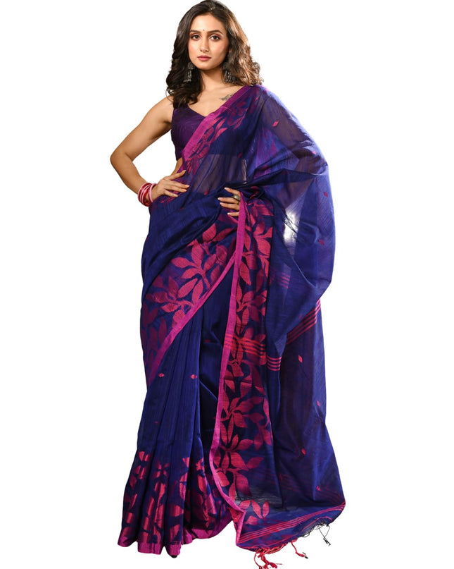 dB DESH BIDESH Women`s Cotton Linen Saree with Unstitched Blouse Piece and Floral Printed Pattern | Women Saree for Special Occasion | Stylish Fancy Cotton Silk Sarees (Blue Saree)