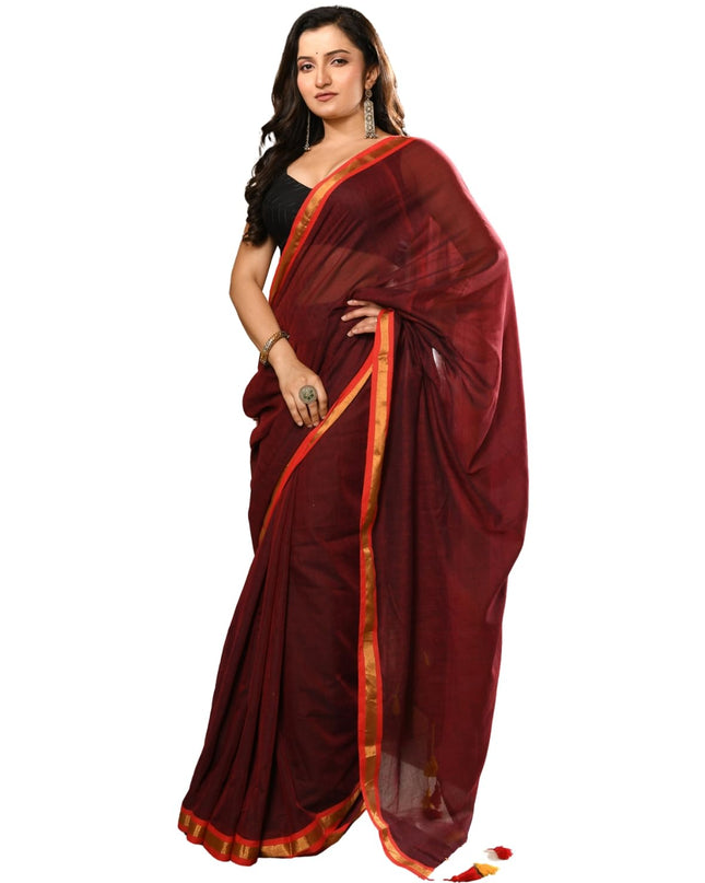 dB DESH BIDESH Women`s Mul Cotton Sarees Soft Zari Fancy Roshni Latest, Design Party, Wear Cotton Silk Saree For Woman With Blouse Piece (Canberry Red Golden)