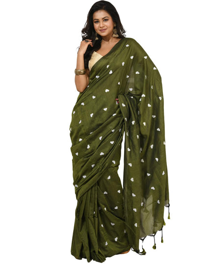 dB DESH BIDESH Women`s Cotton Sarees For Women Office Wear HeartBeat Embroidery Saree Design Soft Cotton Silk Saree With Blouse Piece (Green)