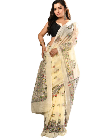 dB DESH BIDESH Women`s Cotton Saree for Woman | Saree for Woman Cotton Blend Tribal Mandala Printed Traditional Sari for Farewell Office Daily Wear with Blouse Piece (Off White)