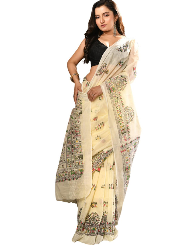 dB DESH BIDESH Women`s Cotton Saree for Woman | Saree for Woman Cotton Blend Tribal Mandala Printed Traditional Sari for Farewell Office Daily Wear with Blouse Piece (Off White)